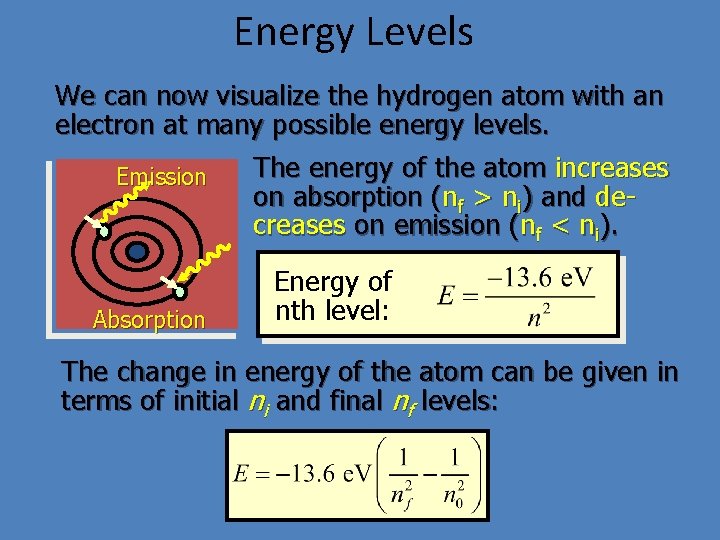 Energy Levels We can now visualize the hydrogen atom with an electron at many