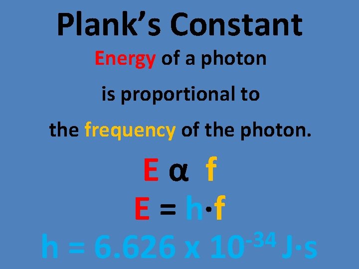 Plank’s Constant Energy of a photon is proportional to the frequency of the photon.