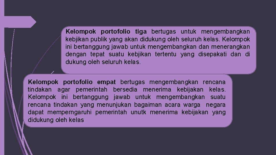 Kelompok portofolio tiga bertugas untuk mengembangkan kebjikan publik yang akan didukung oleh seluruh kelas.