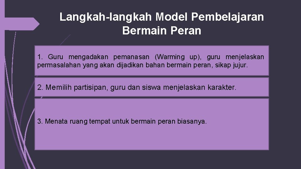 Langkah-langkah Model Pembelajaran Bermain Peran 1. Guru mengadakan pemanasan (Warming up), guru menjelaskan permasalahan
