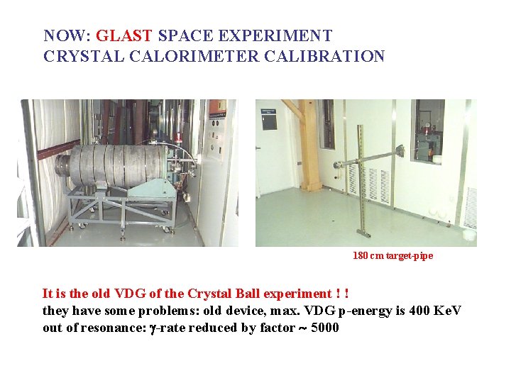 NOW: GLAST SPACE EXPERIMENT CRYSTAL CALORIMETER CALIBRATION 180 cm target-pipe It is the old