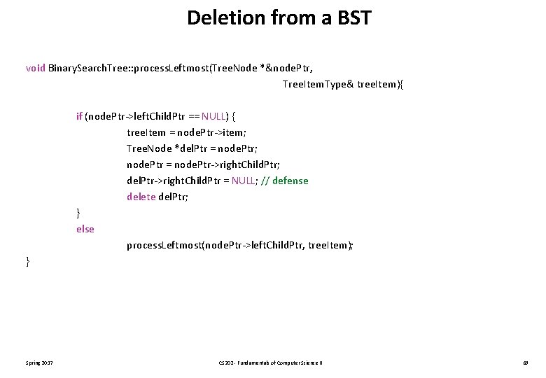 Deletion from a BST void Binary. Search. Tree: : process. Leftmost(Tree. Node *&node. Ptr,