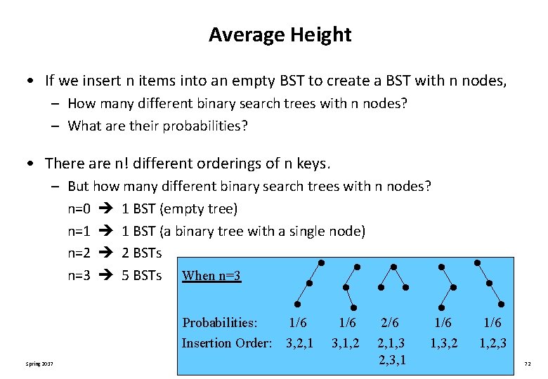 Average Height • If we insert n items into an empty BST to create