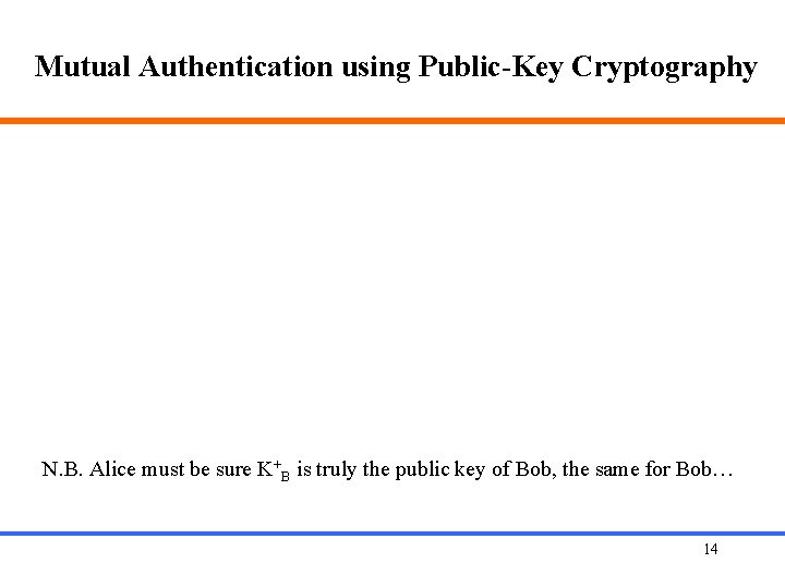 Mutual Authentication using Public-Key Cryptography N. B. Alice must be sure K+B is truly