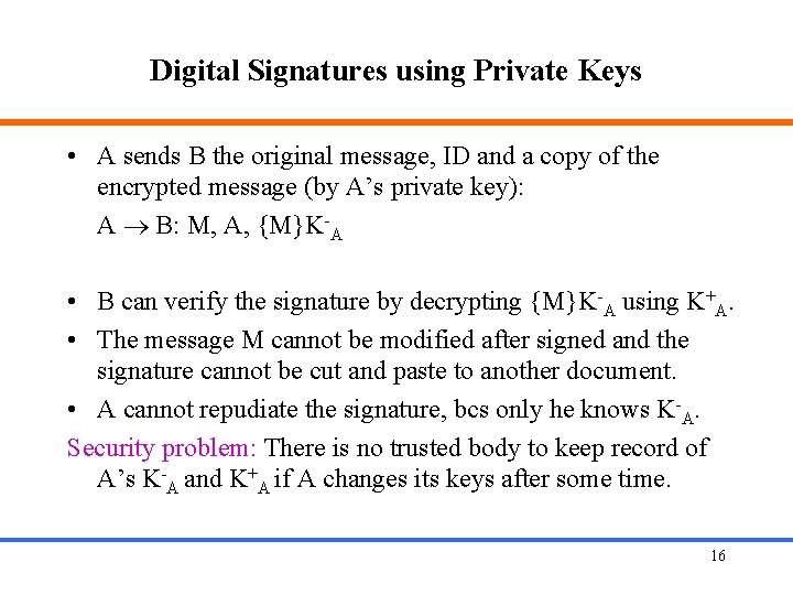 Digital Signatures using Private Keys • A sends B the original message, ID and