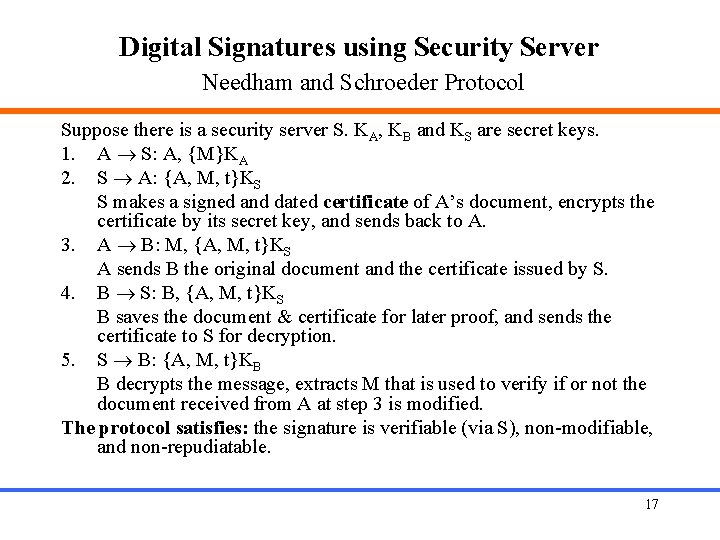 Digital Signatures using Security Server Needham and Schroeder Protocol Suppose there is a security
