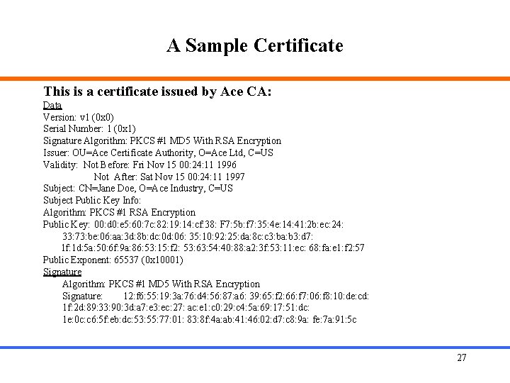 A Sample Certificate This is a certificate issued by Ace CA: Data Version: v