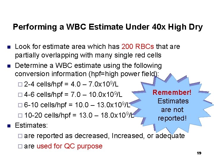 Performing a WBC Estimate Under 40 x High Dry n n n Look for