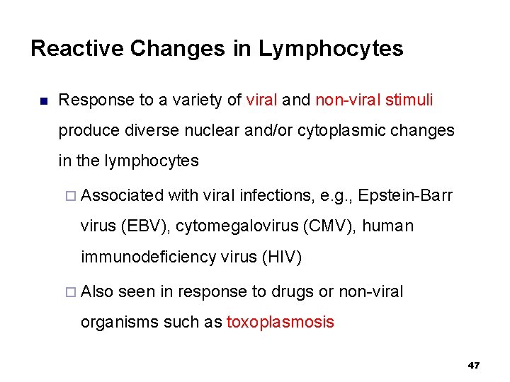 Reactive Changes in Lymphocytes n Response to a variety of viral and non-viral stimuli