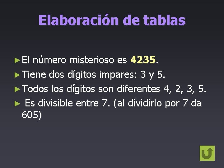 Elaboración de tablas ► El número misterioso es 4235. ► Tiene dos dígitos impares: