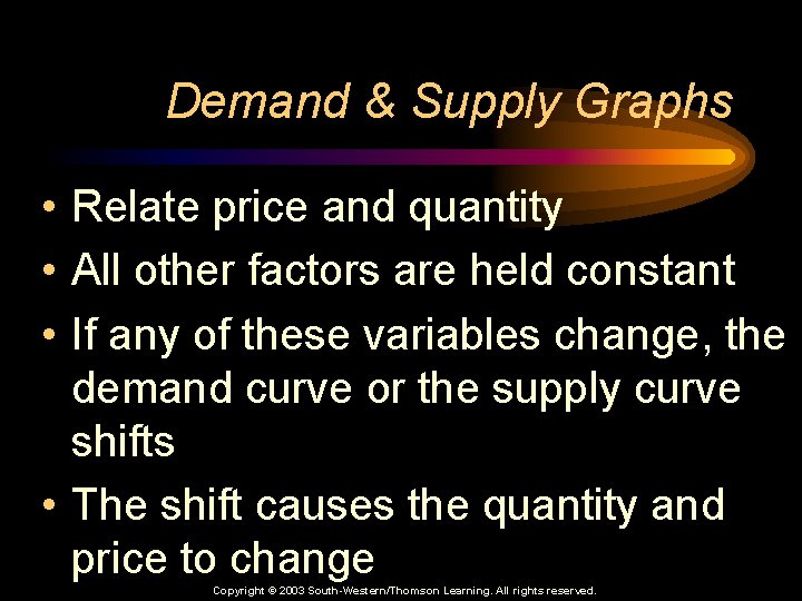 Demand & Supply Graphs • Relate price and quantity • All other factors are