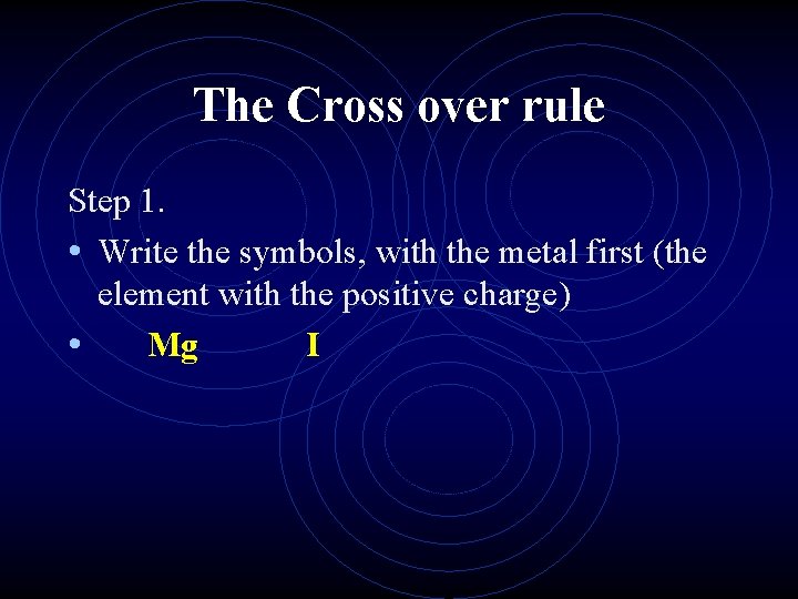 The Cross over rule Step 1. • Write the symbols, with the metal first