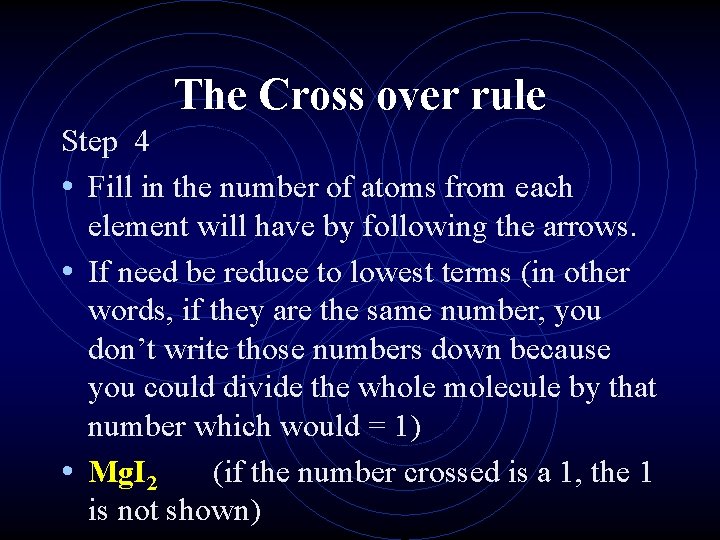 The Cross over rule Step 4 • Fill in the number of atoms from