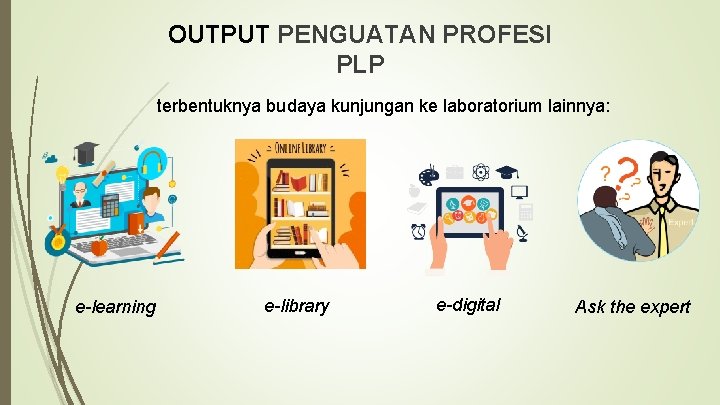 OUTPUT PENGUATAN PROFESI PLP terbentuknya budaya kunjungan ke laboratorium lainnya: e-learning e-library e-digital Ask
