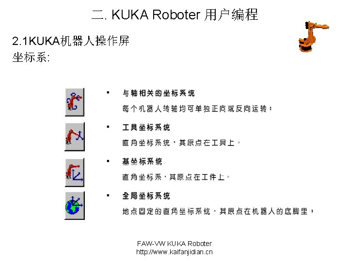 二. KUKA Roboter 用户编程 2. 1 KUKA机器人操作屏 坐标系: FAW-VW KUKA Roboter http: //www. kaifanjidian.