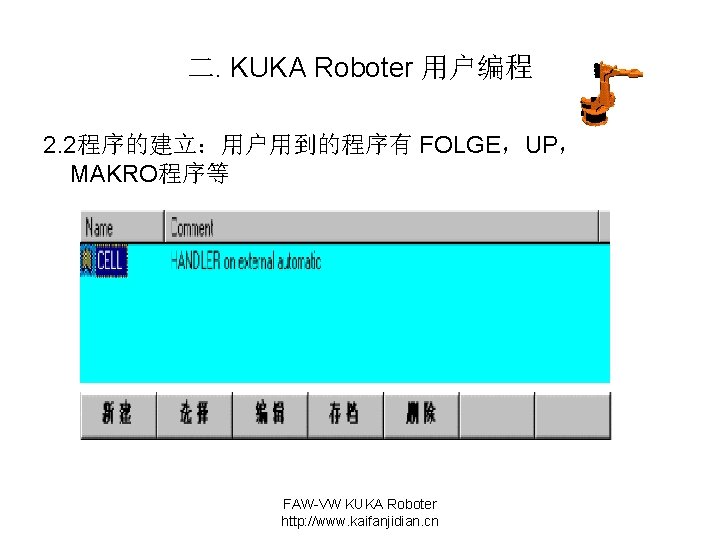 二. KUKA Roboter 用户编程 2. 2程序的建立：用户用到的程序有 FOLGE，UP， MAKRO程序等 FAW-VW KUKA Roboter http: //www. kaifanjidian.