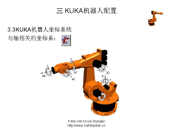三 KUKA机器人配置 3. 3 KUKA机器人坐标系统 与轴相关的坐标系： FAW-VW KUKA Roboter http: //www. kaifanjidian. cn 