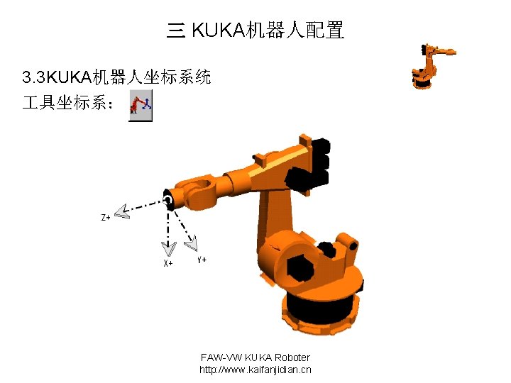 三 KUKA机器人配置 3. 3 KUKA机器人坐标系统 具坐标系： FAW-VW KUKA Roboter http: //www. kaifanjidian. cn 