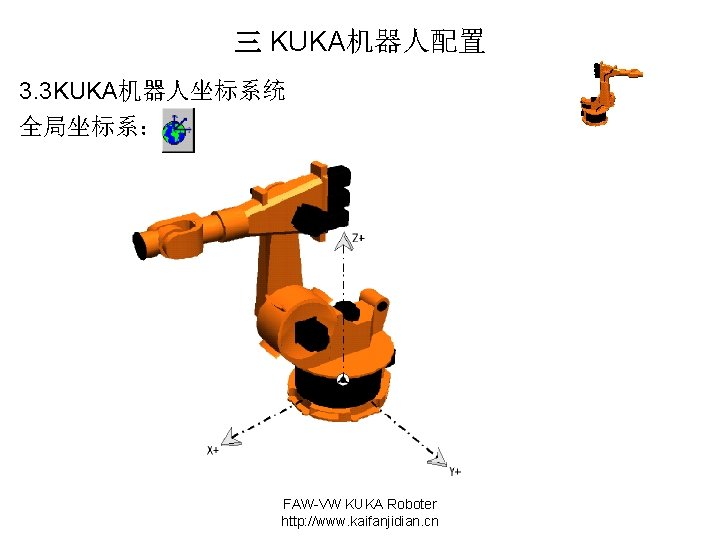 三 KUKA机器人配置 3. 3 KUKA机器人坐标系统 全局坐标系： FAW-VW KUKA Roboter http: //www. kaifanjidian. cn 