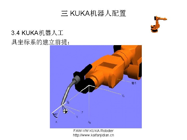 三 KUKA机器人配置 3. 4 KUKA机器人 具坐标系的建立前提： FAW-VW KUKA Roboter http: //www. kaifanjidian. cn 