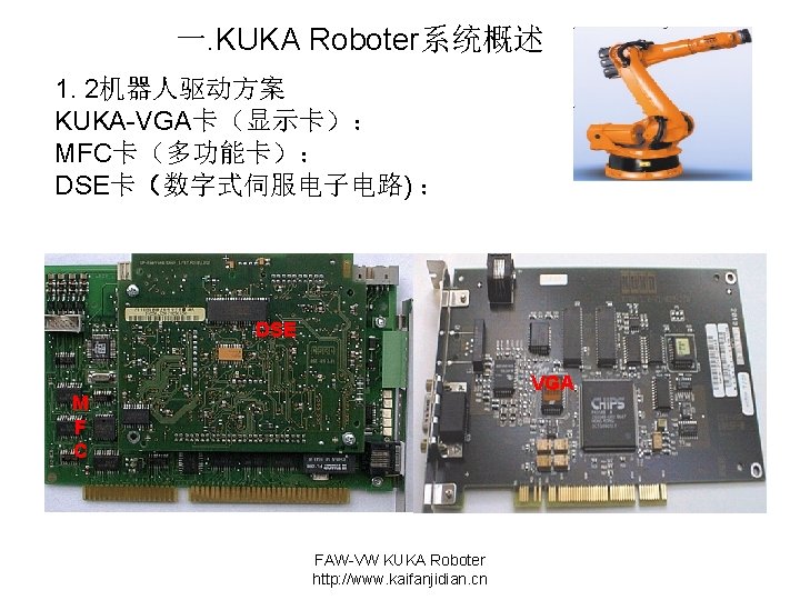 一. KUKA Roboter系统概述 1. 2机器人驱动方案 KUKA-VGA卡（显示卡）： MFC卡（多功能卡）： DSE卡（数字式伺服电子电路) ： DSE VGA M F C