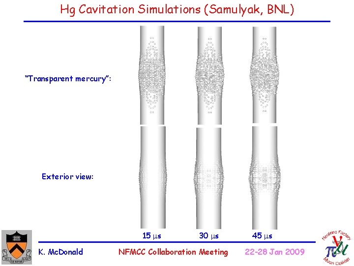 Hg Cavitation Simulations (Samulyak, BNL) “Transparent mercury”: Exterior view: 15 s K. Mc. Donald