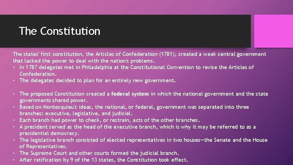 The Constitution The states' first constitution, the Articles of Confederation (1781), created a weak