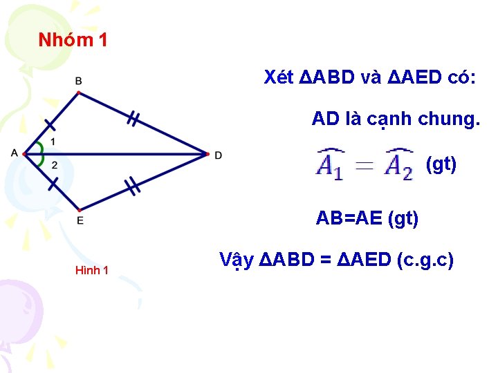 Nhóm 1 Xét ΔABD và ΔAED có: AD là cạnh chung. (gt) AB=AE (gt)