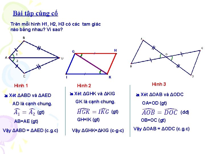 Bài tập củng cố Trên mỗi hình H 1, H 2, H 3 có