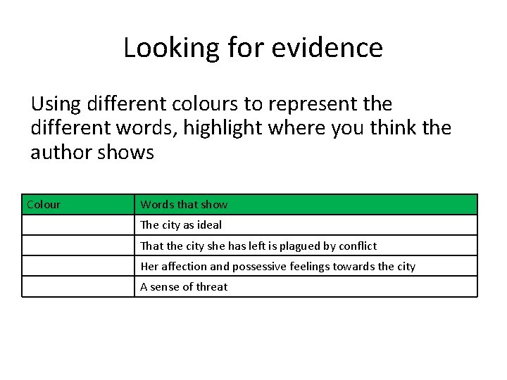 Looking for evidence Using different colours to represent the different words, highlight where you