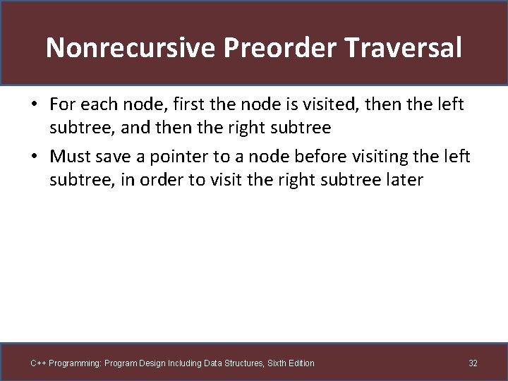Nonrecursive Preorder Traversal • For each node, first the node is visited, then the