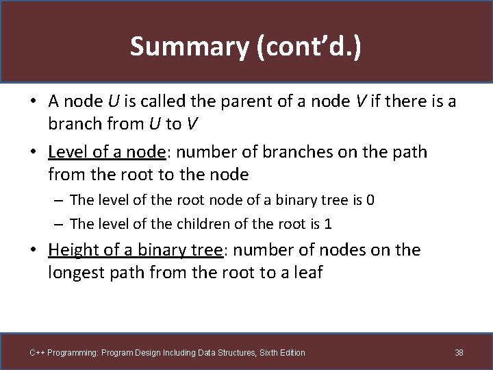 Summary (cont’d. ) • A node U is called the parent of a node