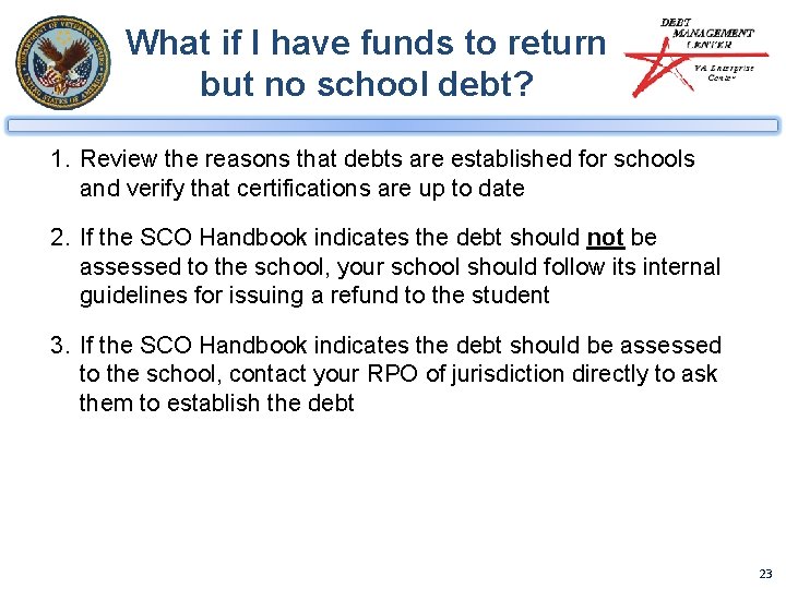 What if I have funds to return but no school debt? 1. Review the