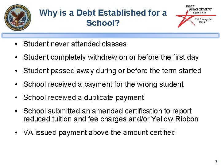 Why is a Debt Established for a School? • Student never attended classes •