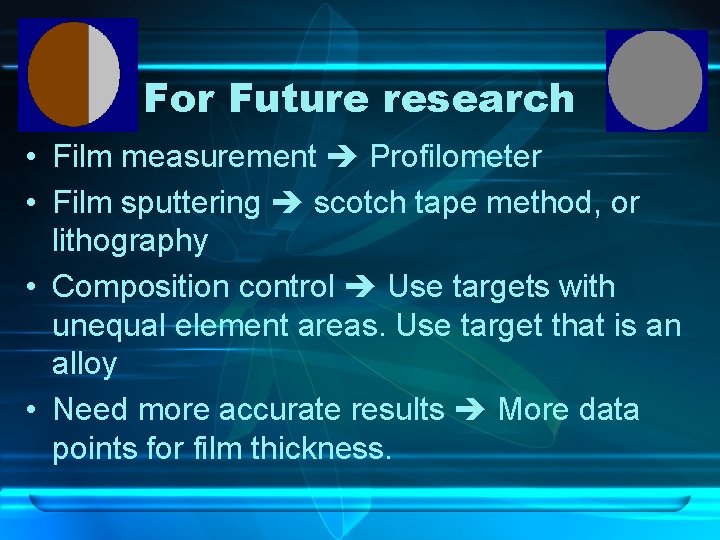 For Future research • Film measurement Profilometer • Film sputtering scotch tape method, or