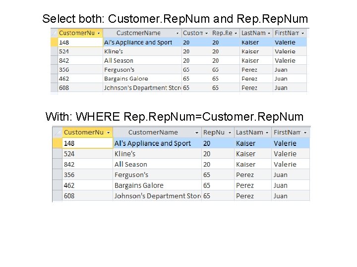 Select both: Customer. Rep. Num and Rep. Num With: WHERE Rep. Num=Customer. Rep. Num