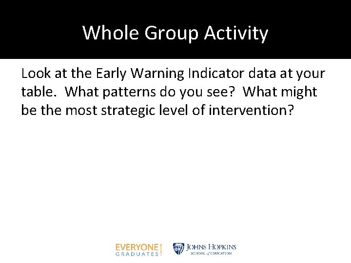 Whole Group Activity Look at the Early Warning Indicator data at your table. What