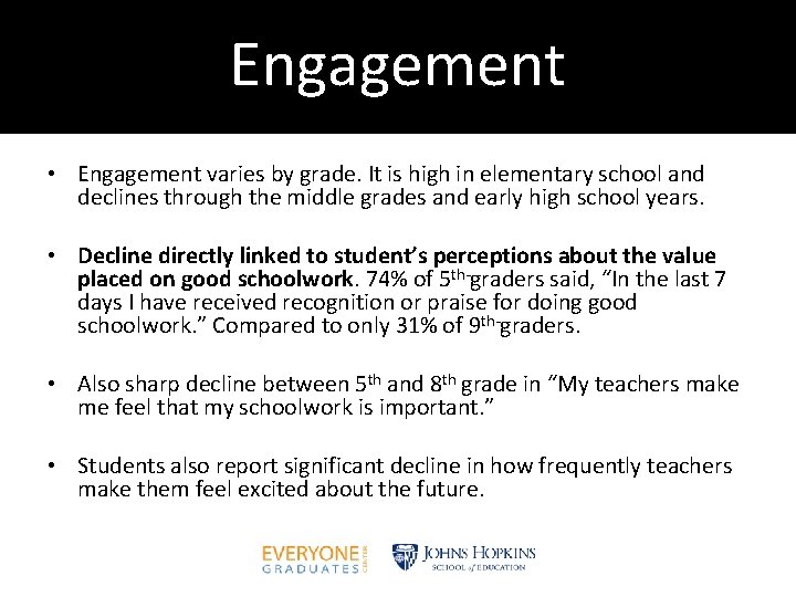 Engagement • Engagement varies by grade. It is high in elementary school and declines