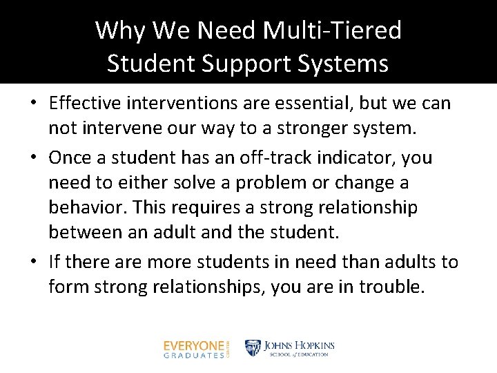 Why We Need Multi-Tiered Student Support Systems • Effective interventions are essential, but we