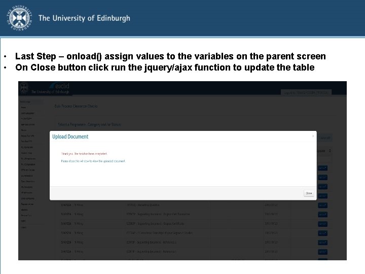  • Last Step – onload() assign values to the variables on the parent