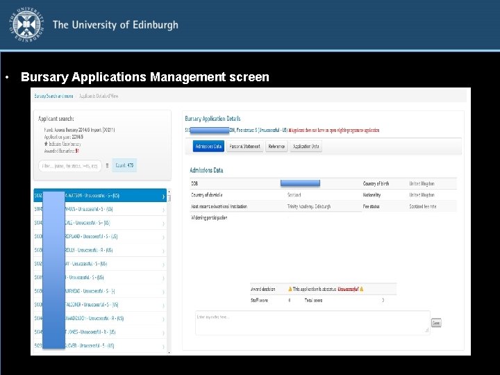  • Bursary Applications Management screen 