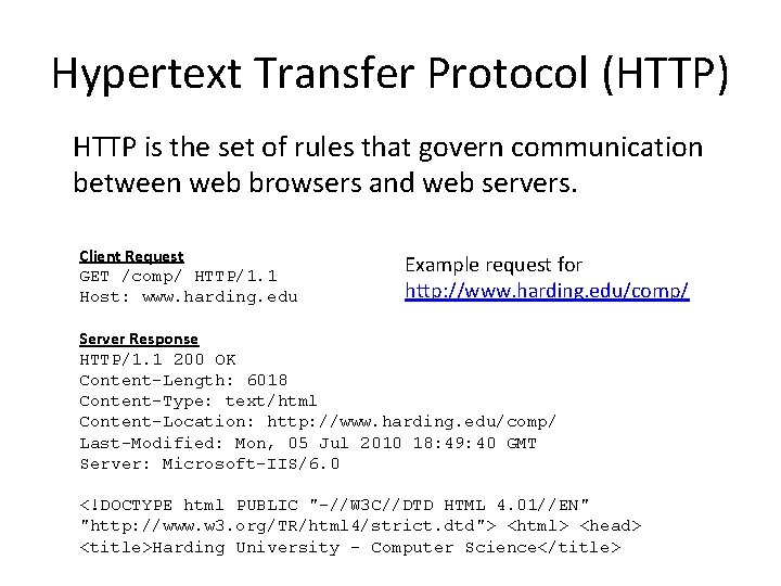 Hypertext Transfer Protocol (HTTP) HTTP is the set of rules that govern communication between