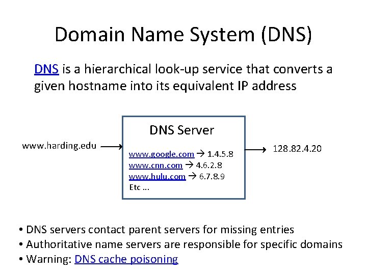 Domain Name System (DNS) DNS is a hierarchical look-up service that converts a given
