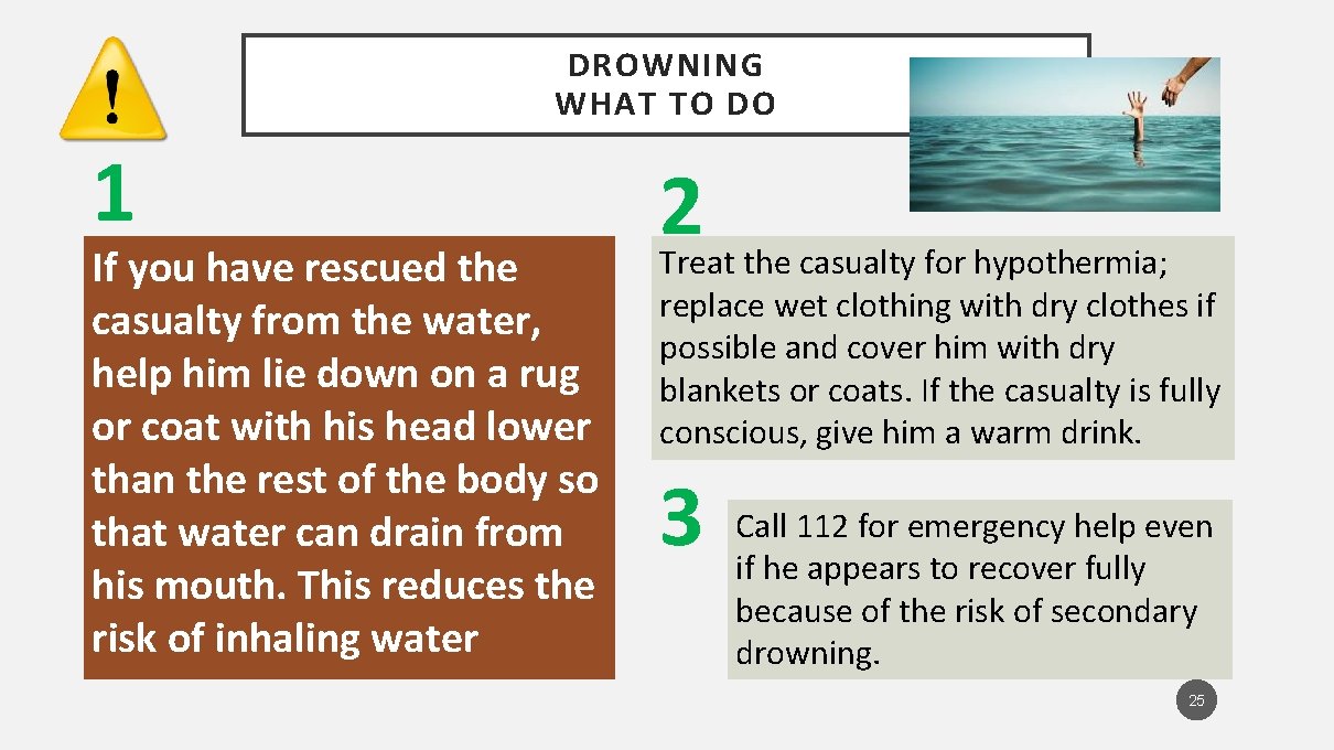 DROWNING WHAT TO DO 1 If you have rescued the casualty from the water,