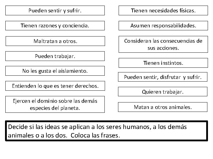 Pueden sentir y sufrir. Tienen necesidades físicas. Tienen razones y conciencia. Asumen responsabilidades. Maltratan