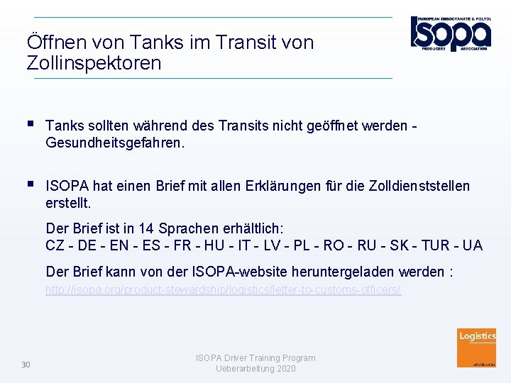 Öffnen von Tanks im Transit von Zollinspektoren Tanks sollten während des Transits nicht geöffnet