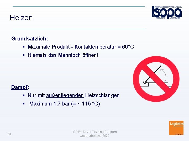 Heizen Grundsätzlich: Maximale Produkt - Kontaktemperatur = 60°C Niemals das Mannloch öffnen! Dampf: Nur