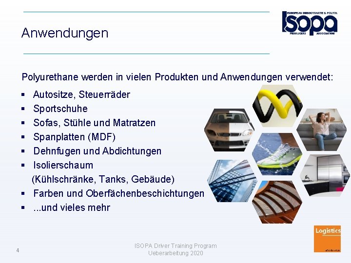 Anwendungen Polyurethane werden in vielen Produkten und Anwendungen verwendet: Autositze, Steuerräder Sportschuhe Sofas, Stühle