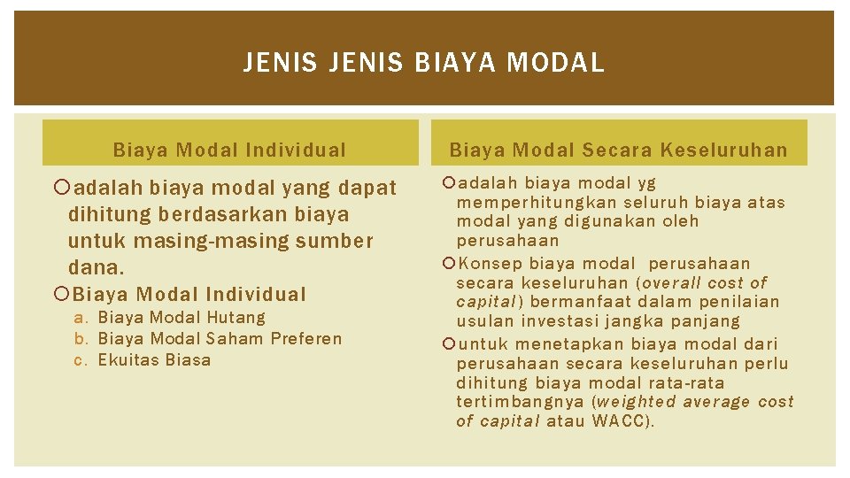 JENIS BIAYA MODAL Biaya Modal Individual Biaya Modal Secara Keseluruhan adalah biaya modal yang