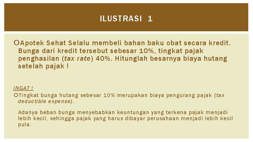 ILUSTRASI 1 Apotek Sehat Selalu membeli bahan baku obat secara kredit. Bunga dari kredit